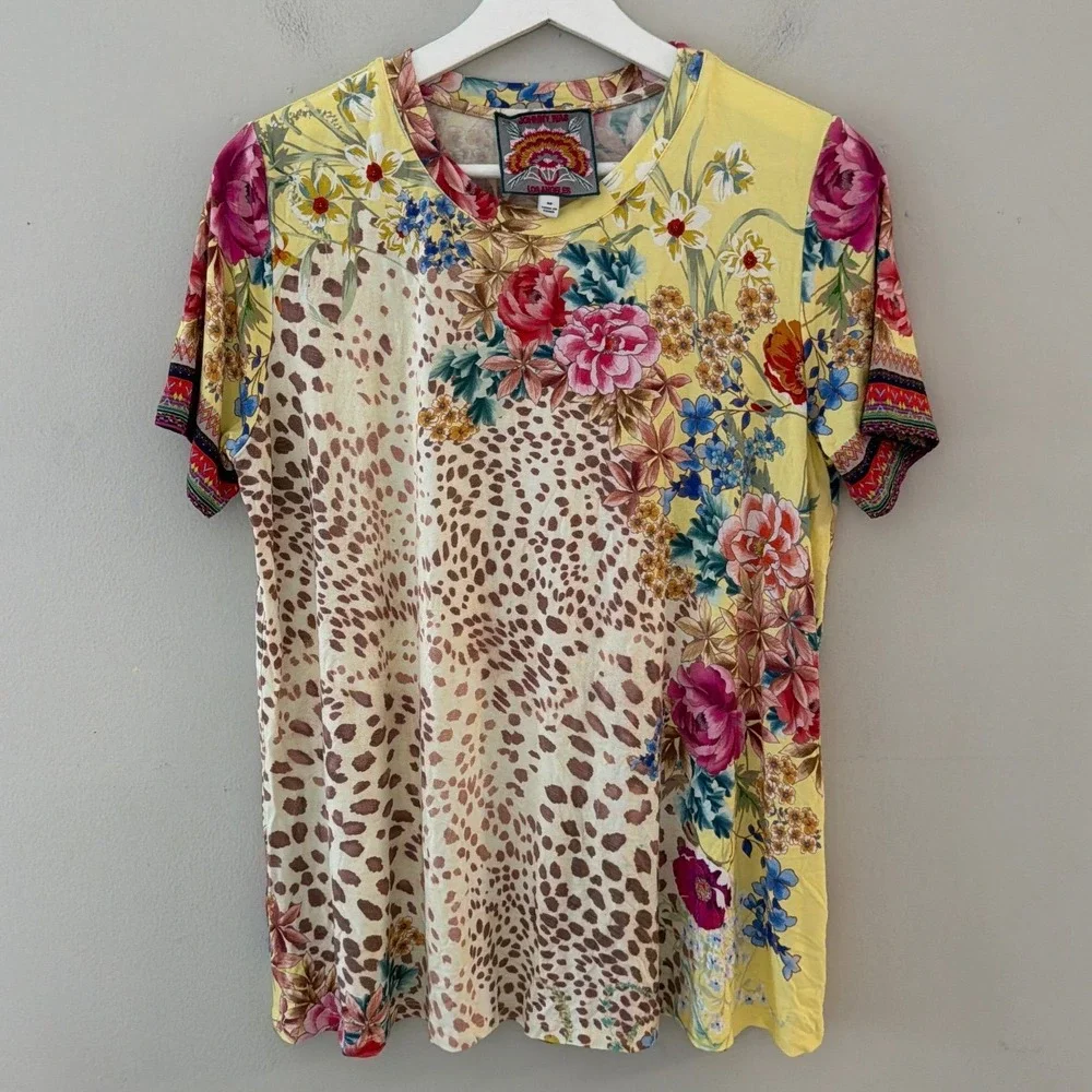 Johnny Was Yellow Floral Leopard Bamboo Short Sleeve Tee Womens Medium